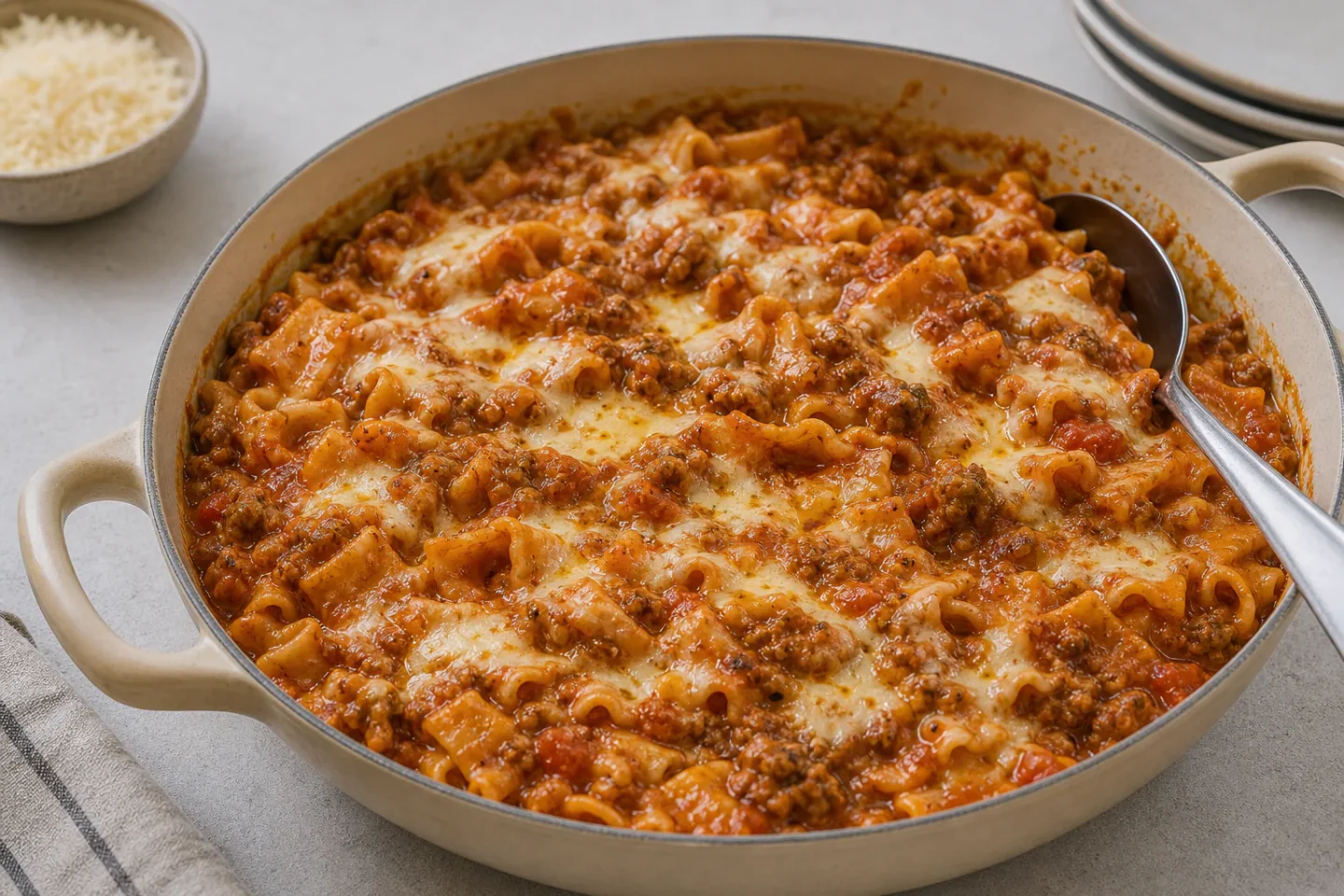 Lasagnette i gryde med kort pasta, tomat-kødsauce, smeltet ost og serveringsske.