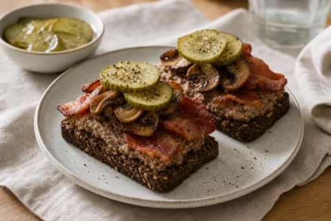 Leverpostejmad på rugbrød med bacon, stegte champignoner, syltet agurk og sort peber.