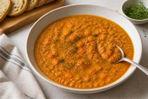 Linsesuppe med gulerod i skål med tyk orange suppe, synlige linser, gulerodsstykker og ske.