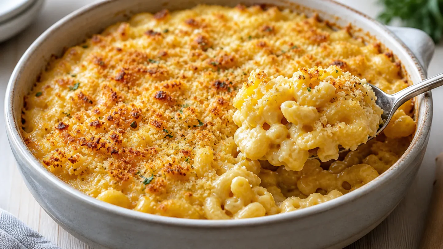 Mac and cheese i ovnfast fad med gyldent ostelåg og cremet macaroni på ske.