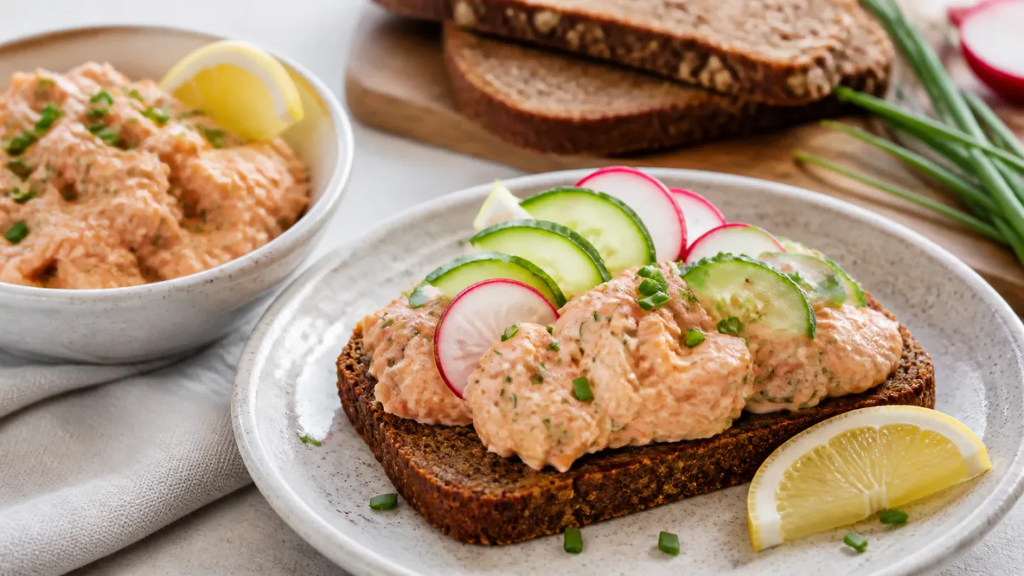 Makrelsalat på rugbrød med cremet makrelfyld, agurk, radise, citron og purløg.