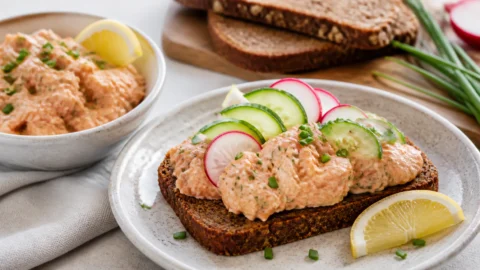 Makrelsalat på rugbrød med cremet makrelfyld, agurk, radise, citron og purløg.