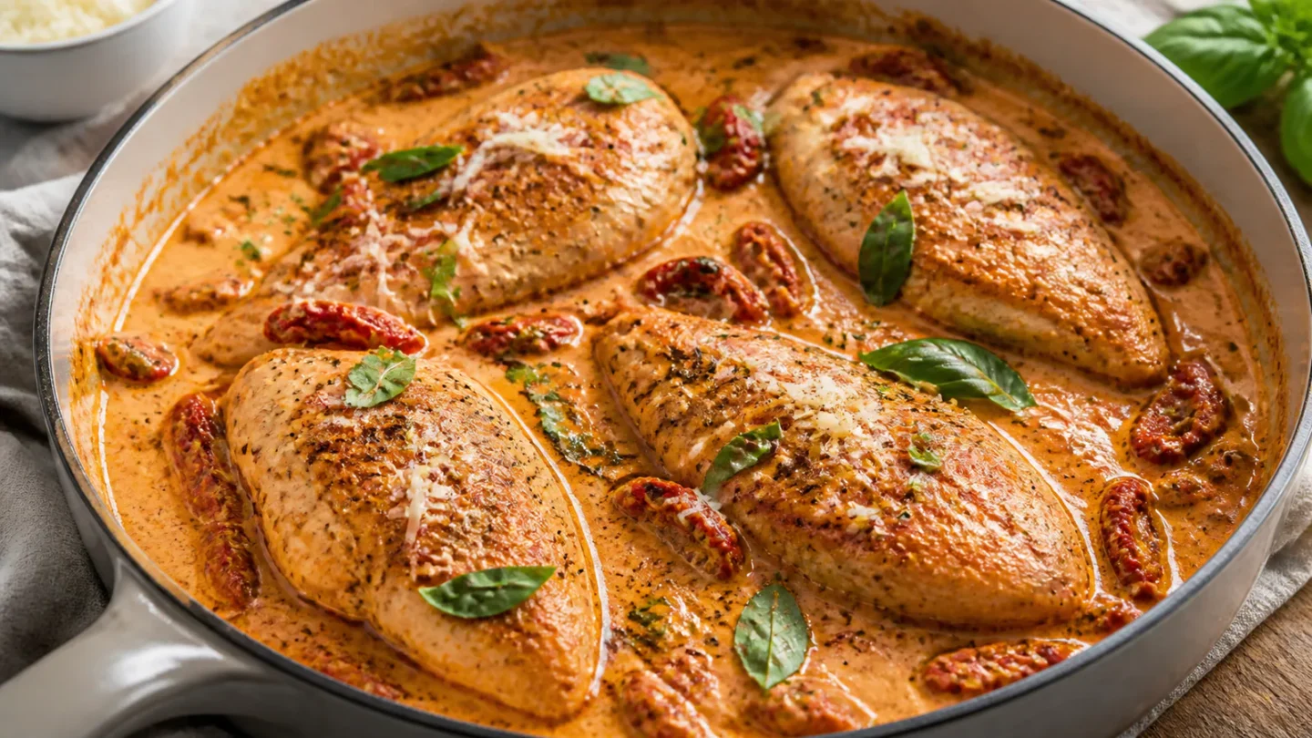 Marry Me Chicken i pande med gyldne kyllingebryster, cremet sauce, soltørrede tomater og basilikum.