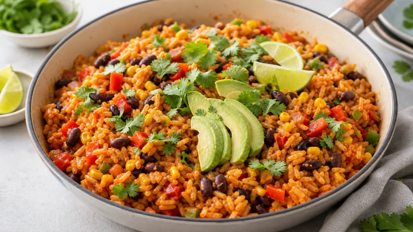 Mexicansk risret i pande med rød ris, bønner, majs, avocado, lime og koriander.
