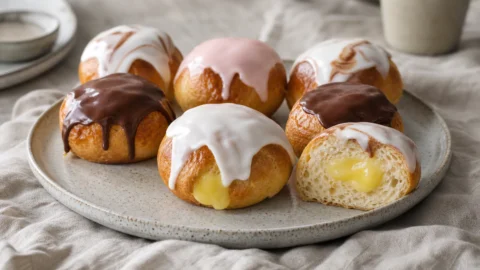 Mini fastelavnsboller med blank glasur, vaniljecreme og forskellige farver glasur.
