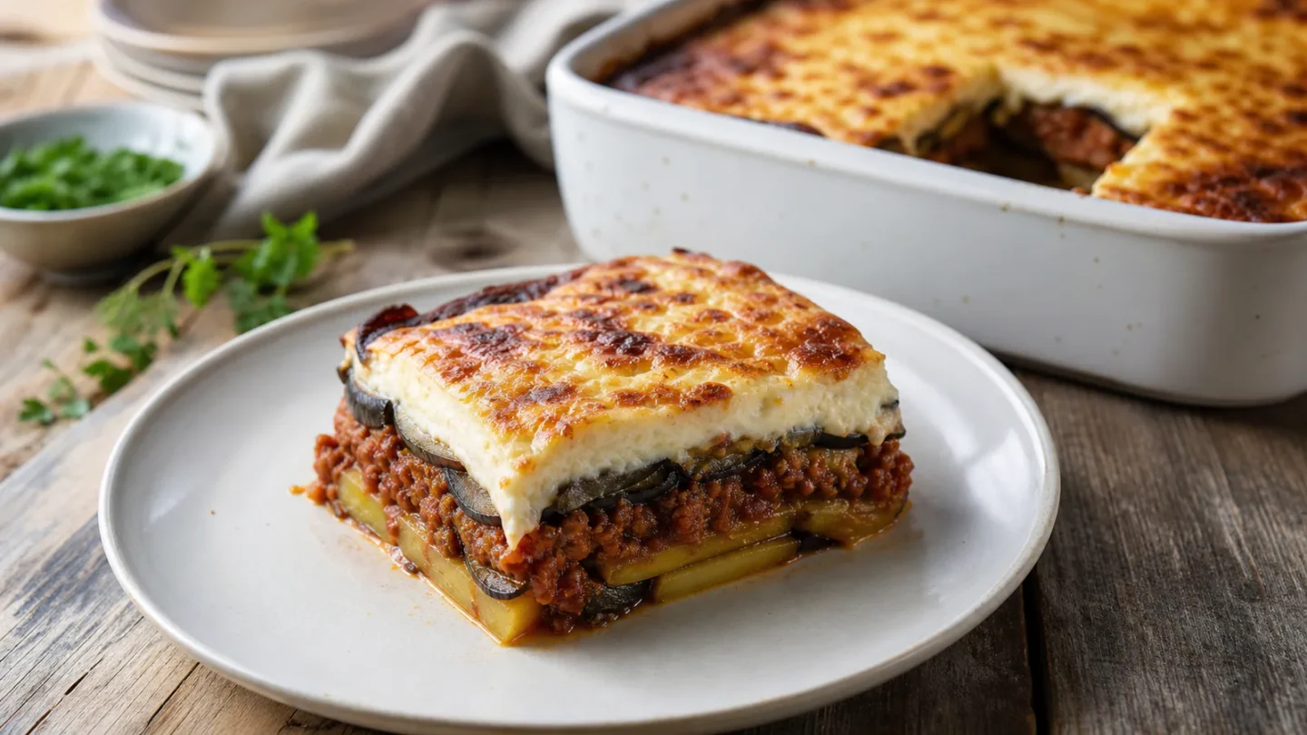 Moussaka som skåret servering med brunet bechamel, kødsauce og synlige lag.