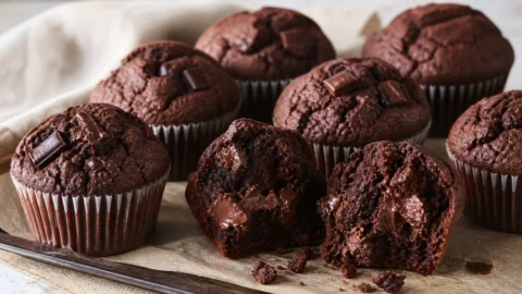 Chokolademuffins i papirforme med mørk krumme, chokoladestykker og en muffin brækket åben.