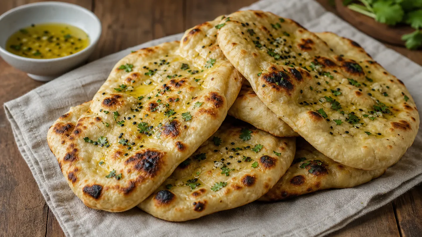 Naanbrød stablet på klæde med smørglans, sorte stegepletter og grønne urter.