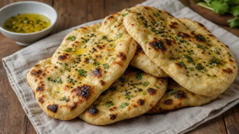 Naanbrød stablet på klæde med smørglans, sorte stegepletter og grønne urter.
