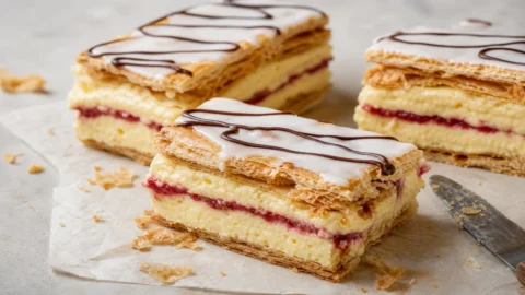 Napoleonskage i let ujævne stykker med butterdej, creme, hindbærstribe, lys glasur og kagekrummer.