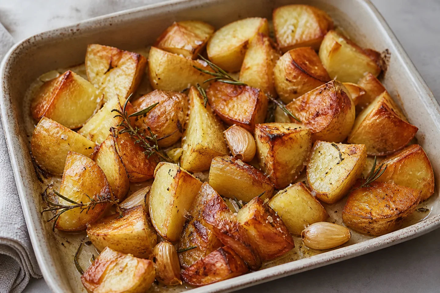 Ovnstegte kartofler i bradepande med sprøde kanter, hvidløg, rosmarin og salt.