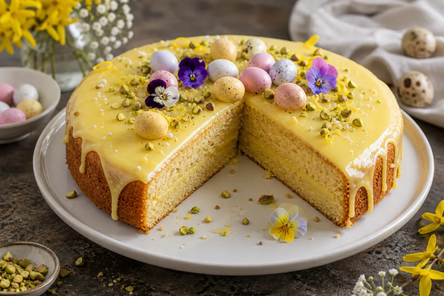 Påskekage med gul glasur, pistacie, forårsblomster og små påskeæg.