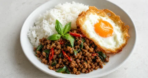 Pad krapow med ris, krydret hakket kød, basilikum, rød chili og spejlæg med sprød kant.