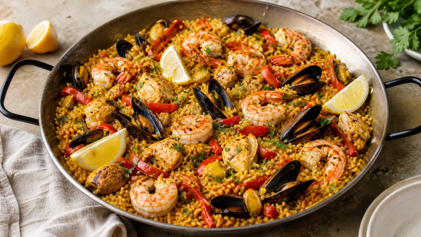 Paella i bred pande med gylden ris, rejer, muslinger, citron og persille.