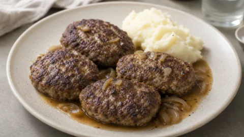 Farsbøffer på pande med brunet skorpe, løg, pandesky og kartoffelmos.