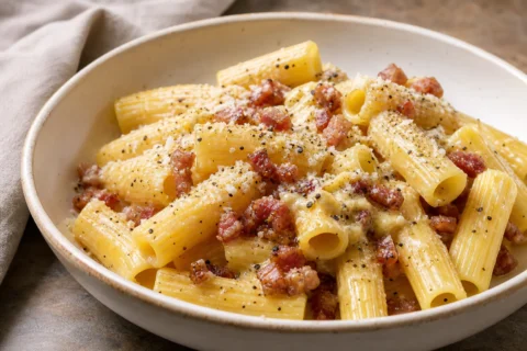 Pasta carbonara i skål med rigatoni, blank ægge-ostesauce, pancetta og sort peber.