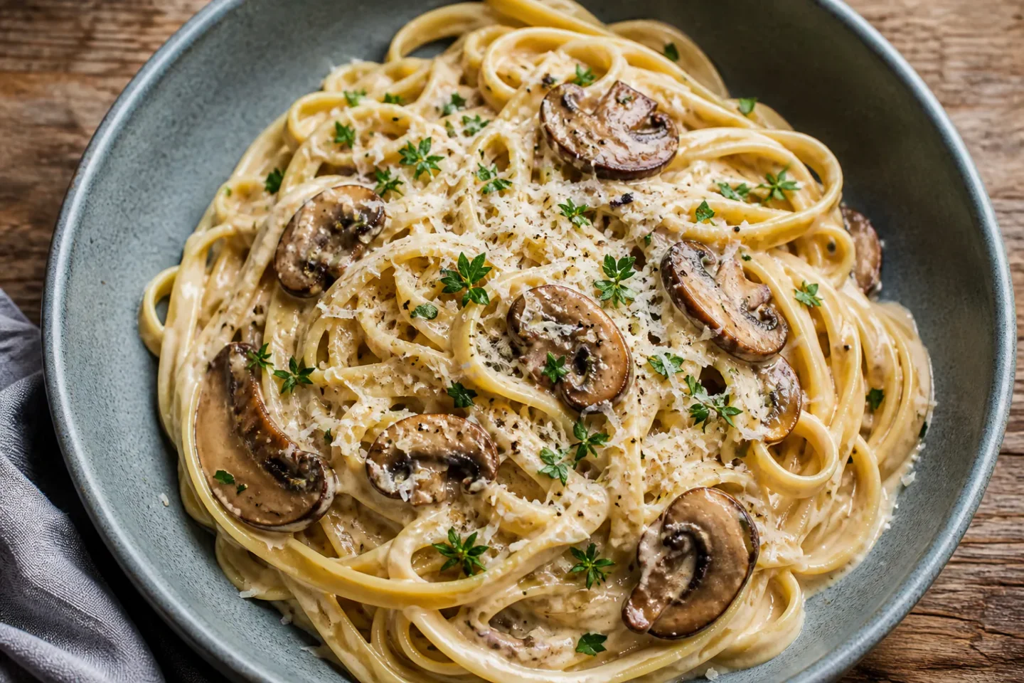 Pasta med champignon i dyb skål med cremet sauce, brunede champignoner, parmesan og urter.
