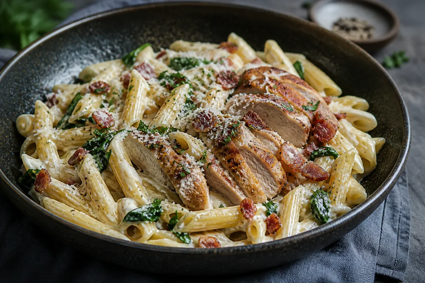 Pasta med kylling og bacon i skål med cremet sauce, skåret kylling, bacon og parmesan.