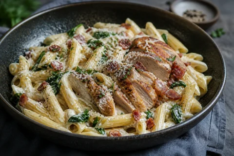Pasta med kylling og bacon i skål med cremet sauce, skåret kylling, bacon og parmesan.