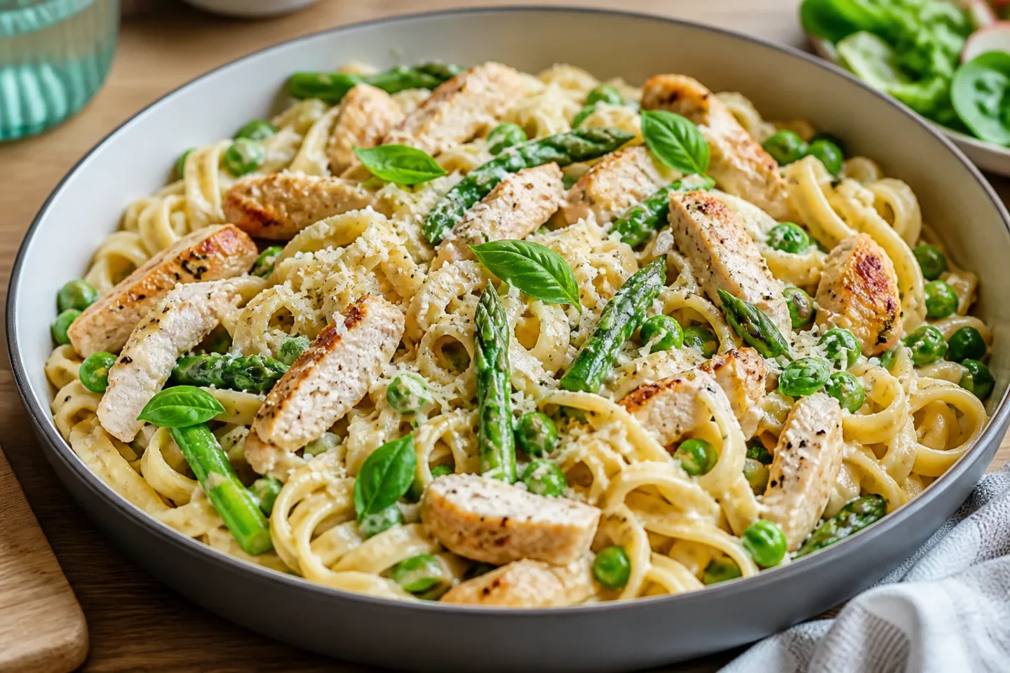Pastaret med kylling i serveringsskål med pasta, kyllingestrimler, grønne grøntsager og parmesan.