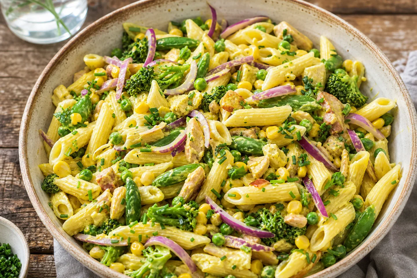 Pastasalat med karry i stor skål med penne, gul karrydressing, majs, broccoli, rødløg og bacon.