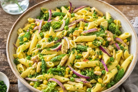 Pastasalat med karry i stor skål med penne, gul karrydressing, majs, broccoli, rødløg og bacon.