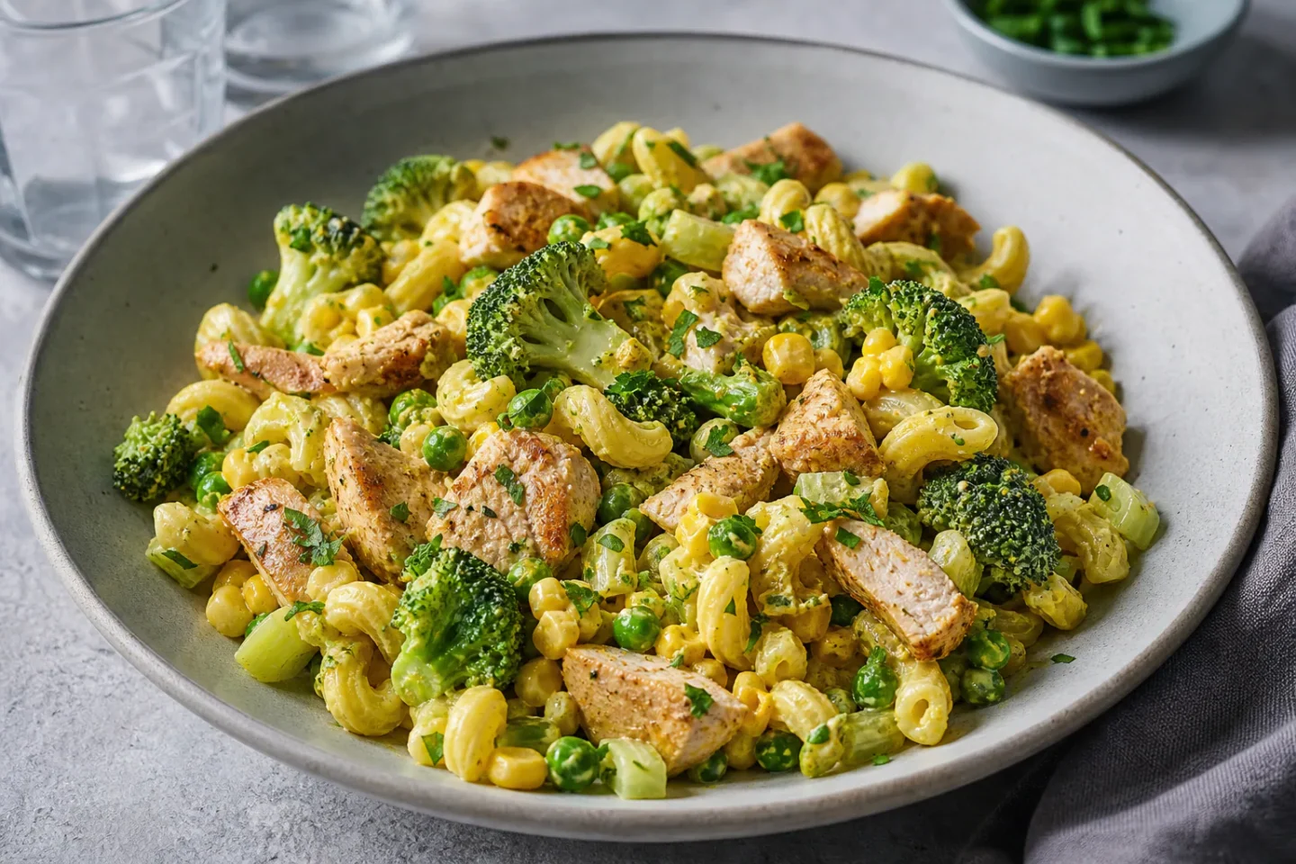 Pastasalat med kylling, broccoli, majs og mild karrydressing i en grå stentøjsskål.