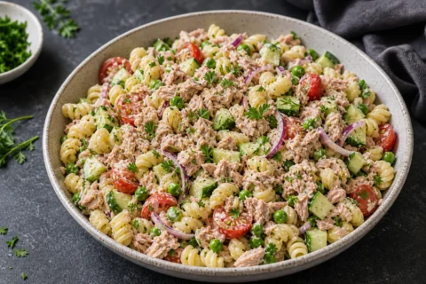 Pastasalat med tunflager, grøntsager og krydderurter i en rummelig serveringsskål.