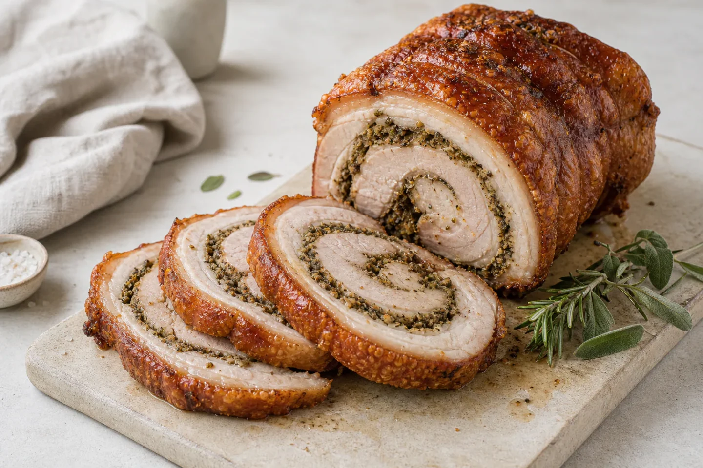 Skiver af porchetta med sprød svær og krydderurtefyld på et lyst bræt.
