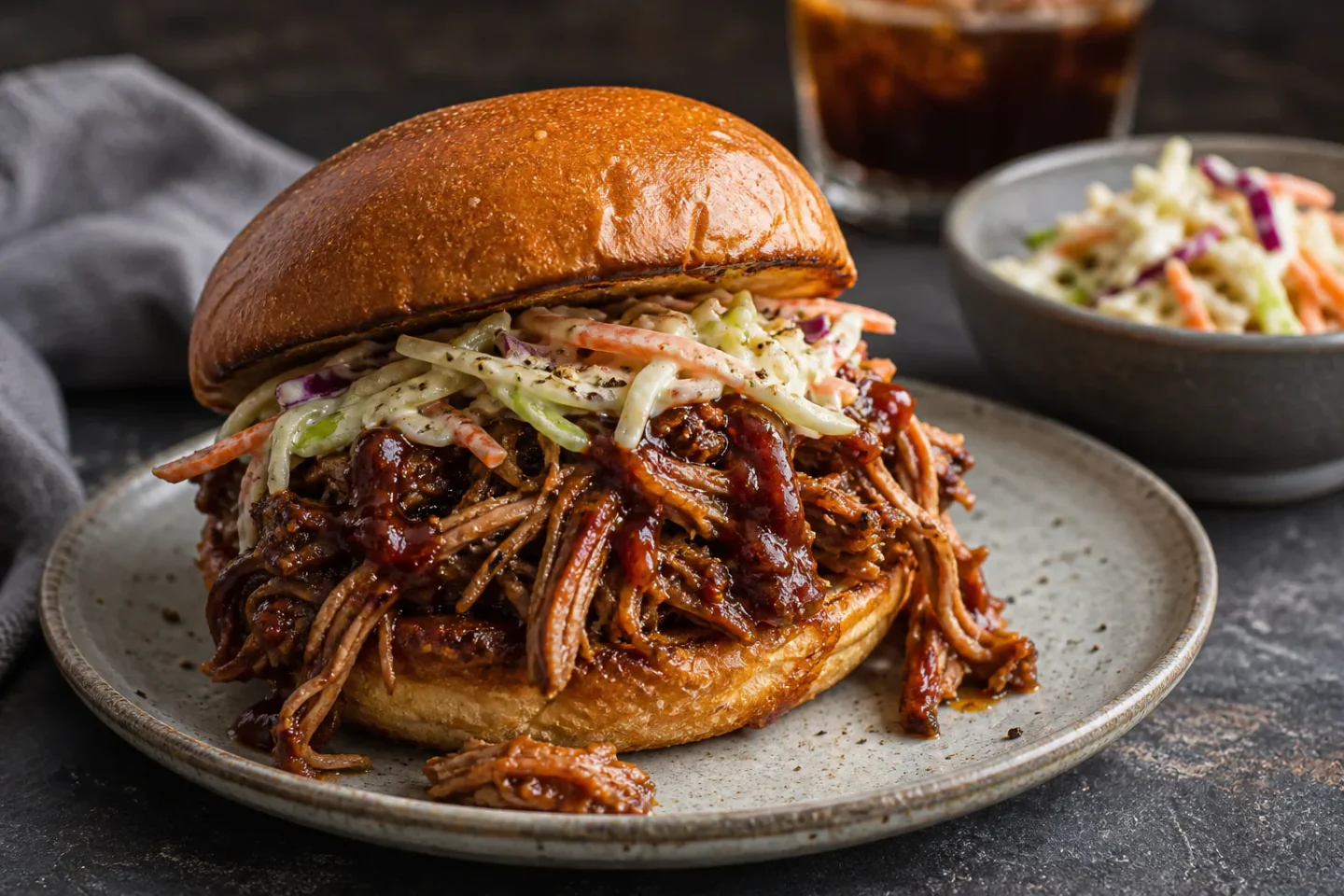 Pulled pork burger med trevlet grisekød, barbecuesauce og coleslaw i en ristet bolle.