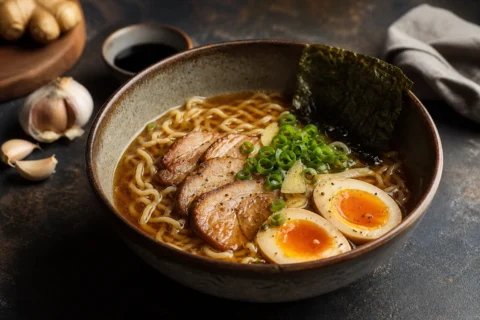 Skål med ramen, nudler, bouillon, æg med blød blomme, nori og forårsløg.