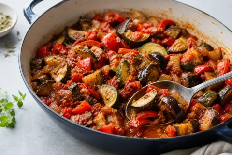 Ratatouille med tomat, aubergine, squash og peberfrugt i en mørk pande.