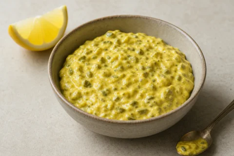 Gul remoulade med tydelige pickles og grønne urter i en lille skål.