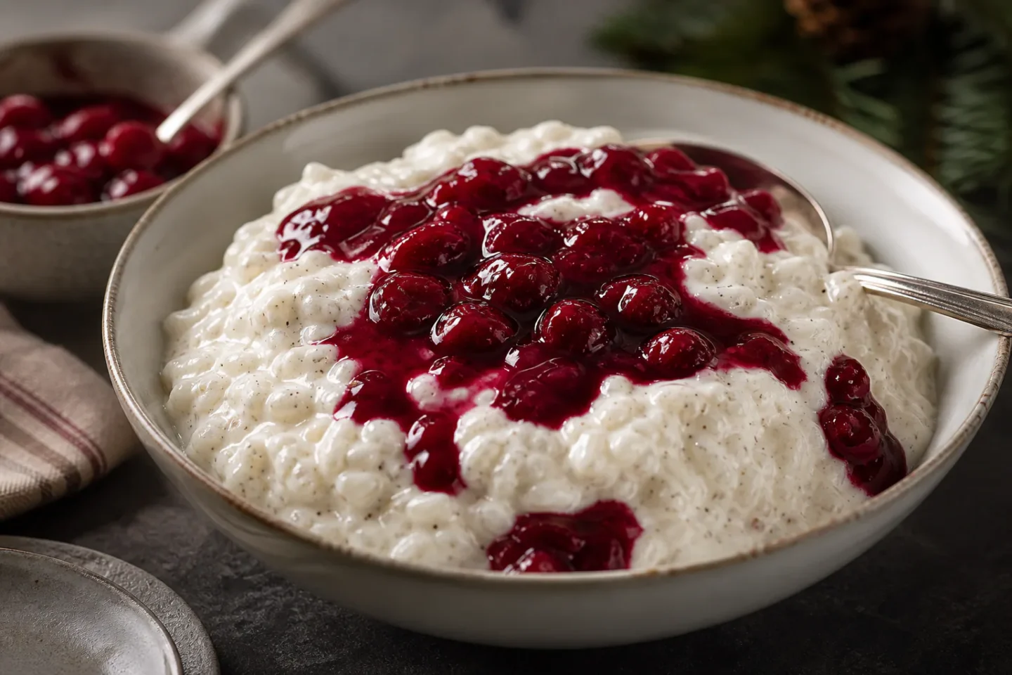 Risalamande med cremet ris, vanilje og kirsebærsauce i en hvid skål.