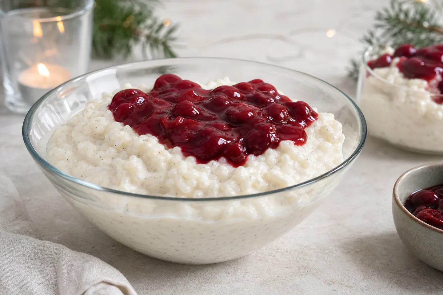 Risalamande uden mandler med vaniljeprikker og blank kirsebærsauce i en glasskål.