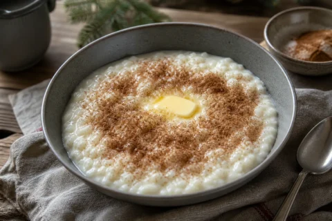 Risengrød med kanelsukker og smeltende smørklat i en dyb grå skål.