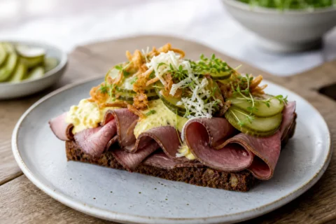 Roastbeef smørrebrød på rugbrød med remoulade, ristede løg, agurk og karse.
