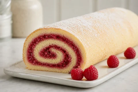 Hindbærroulade med lys sukkerdrysset kagebund og tydelig rød spiral.