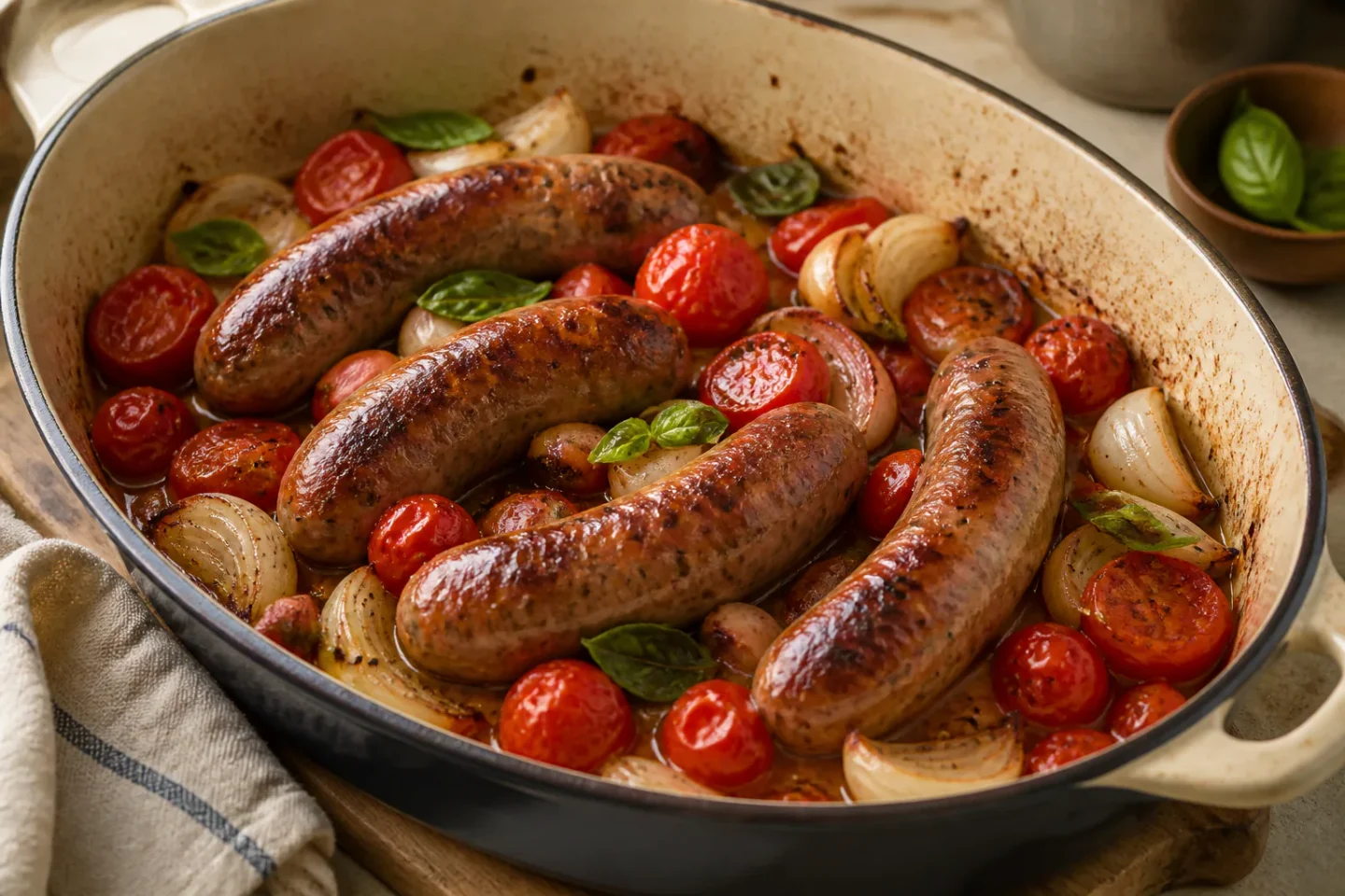Brunede salsiccia-pølser med bagte tomater, løg og krydderurter i en gryde.