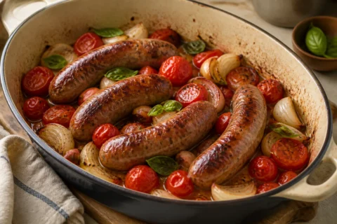 Brunede salsiccia-pølser med bagte tomater, løg og krydderurter i en gryde.