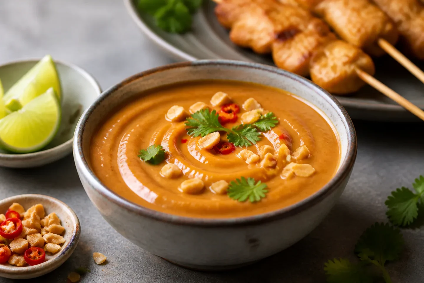 Gylden satay sauce med peanuts, chili og lime i en lille skål med spyd i baggrunden.