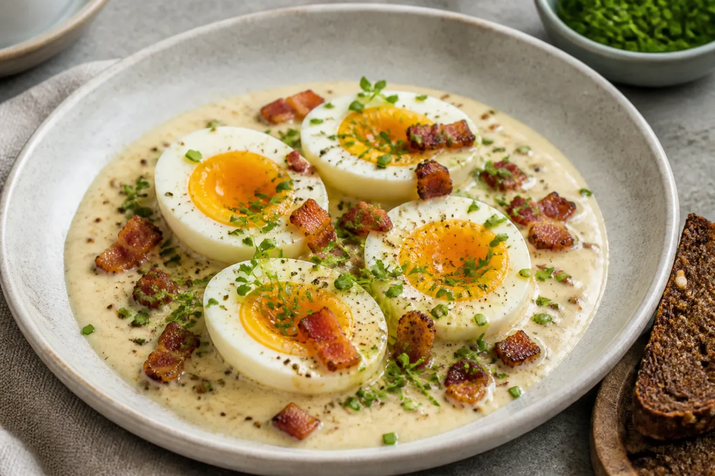 Skidne æg med sennepssauce, bacon og krydderurter.