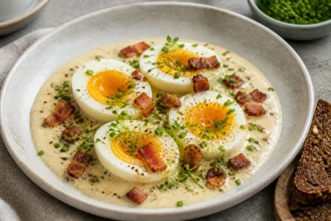 Skidne æg med sennepssauce, bacon og krydderurter.