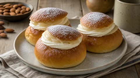 Hele svenske fastelavnsboller med flødeskum, mandelfyld og puddersukker uden tværsnit.