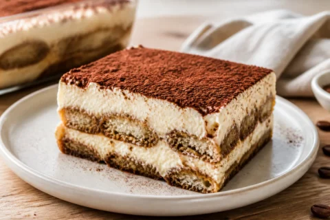 Tiramisu med mascarponecreme, savoiardi og kakao.