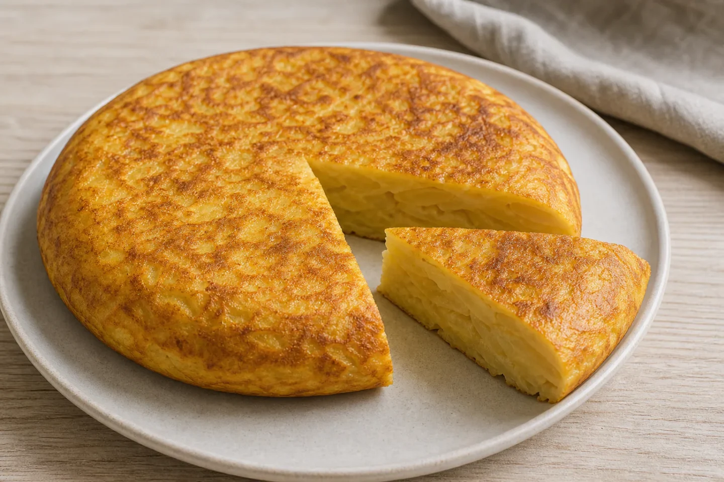 Tortilla española med kartoffellag og gylden overflade.