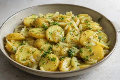 Varm kartoffelsalat med urter og vinaigrette.