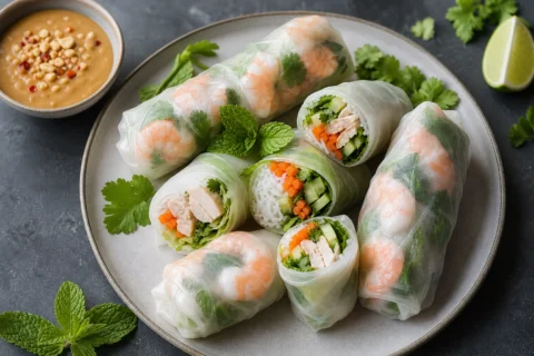 Vietnamesiske forårsruller med grønt og dip.