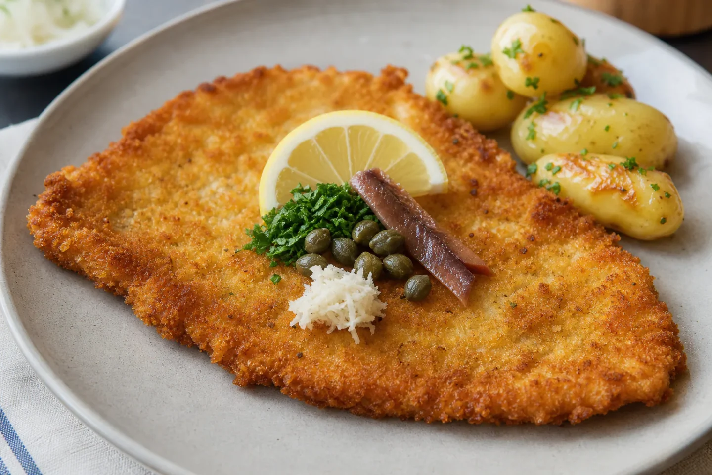 Wienerschnitzel med citron, kapers og kartofler.