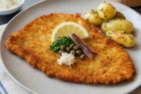 Wienerschnitzel med citron, kapers og kartofler.